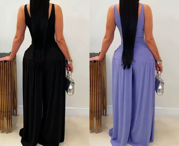 Women Sleeveless Metal Ruched Wide Leg Jumpsuit
