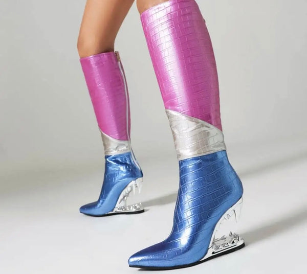 Women Fashion PU Multicolored Platform Wedge Knee High Boots