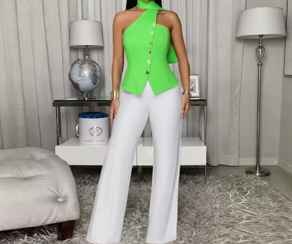 Women Button Up Halter Sleeveless Two Piece Pant Set