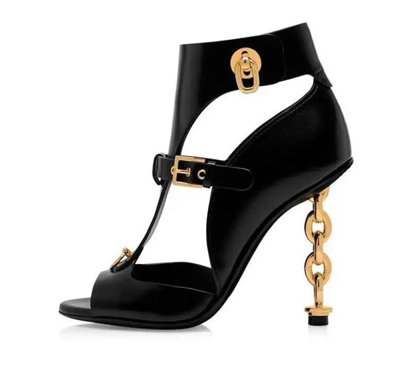 Women Open Toe Gold Heel Fashion Chain Sandals