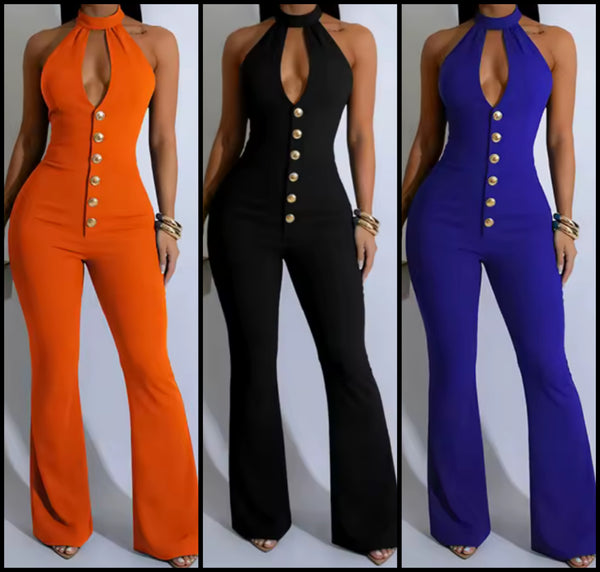 Women Sexy Button Halter Sleeveless Jumpsuit