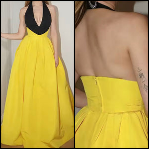 Women Sexy Halter Sleeveless Color Patchwork Maxi Dress