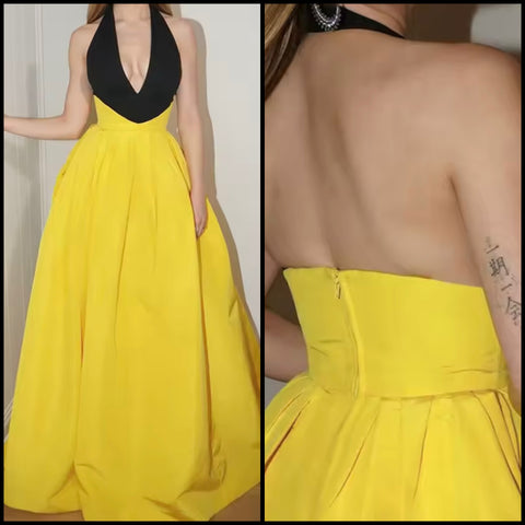 Women Sexy Halter Sleeveless Color Patchwork Maxi Dress