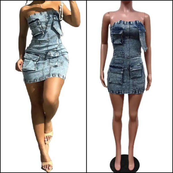 Women Sexy Fashion Strapless Denim Pocket Dress