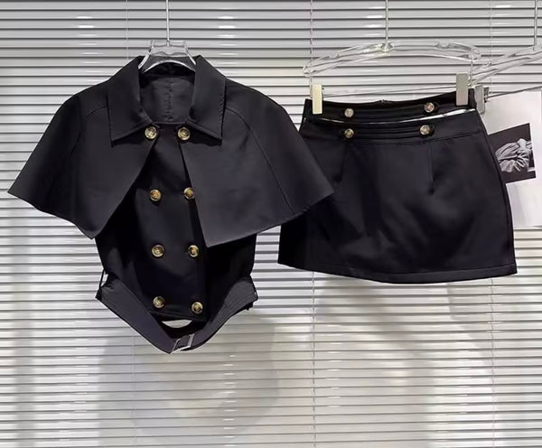 Women Fashion Button Double Breasted Cape Two Piece Skirt Set