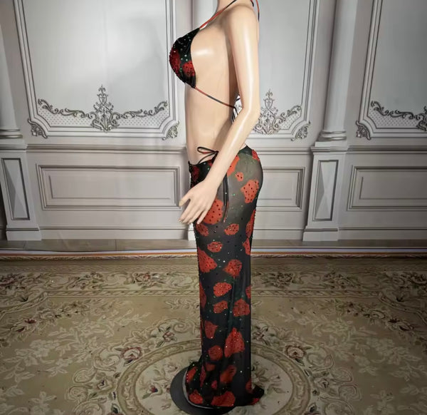 Women Sexy Rhinestone Floral Bikini Cover Up Set