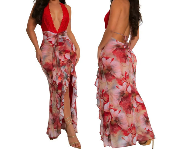 Women Sexy Halter Sleeveless Color Printed Maxi Dress