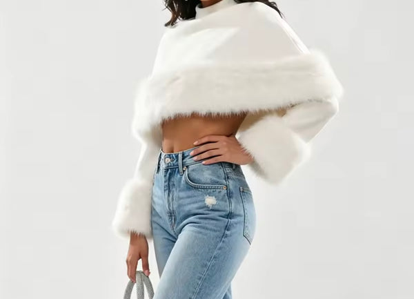 Women Fashion Fur Patchwork Full Sleeve Crop Top