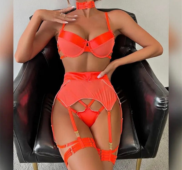 Women Sexy Choker Satin Mesh Lingerie Set