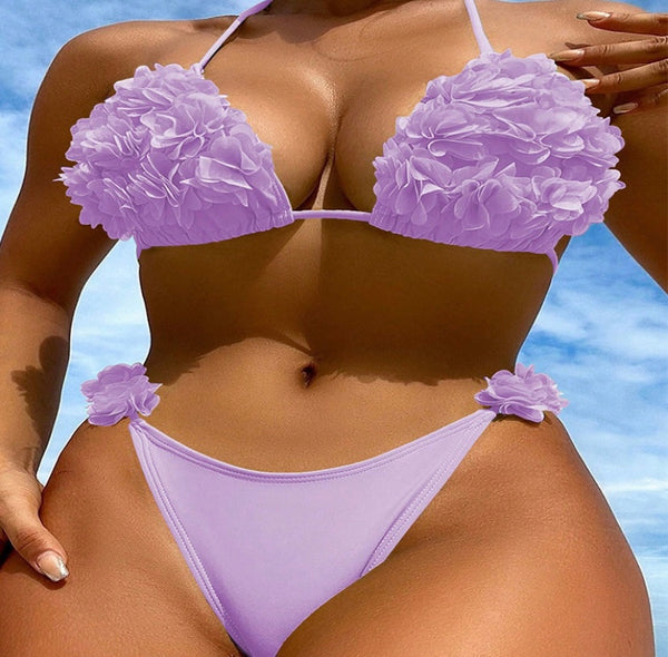 Women Sexy Ruffled Halter Solid Color Bikini Swimsuit