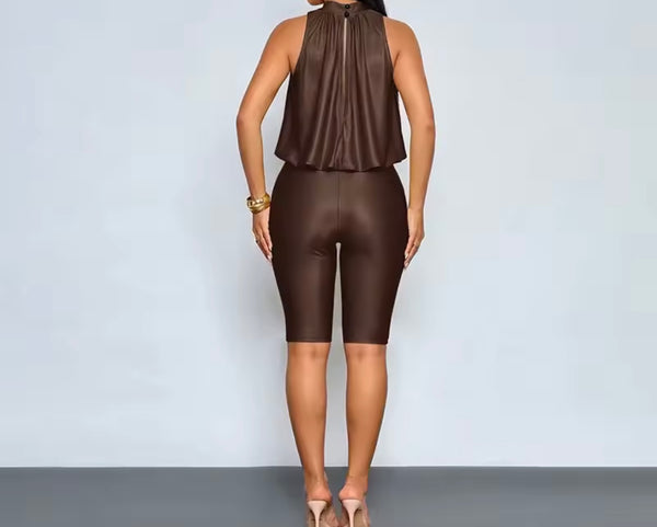 Women Fashion PU Sleeveless Romper