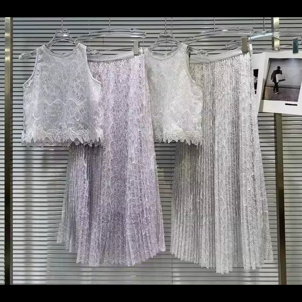 Women Sparkly Sleeveless Sexy Two Piece Pleated Maxi Skirt Set