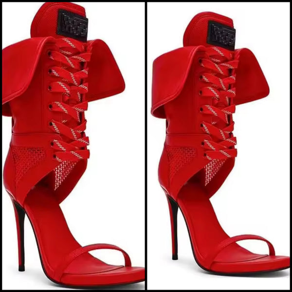 Women Red Fashion Open Toe Tie Up Ankle Boots