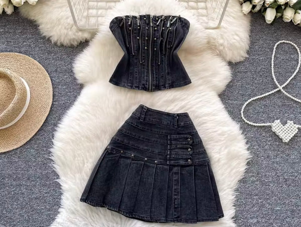 Women Zipper Strapless Denim Two Piece Pleated Skirt Set
