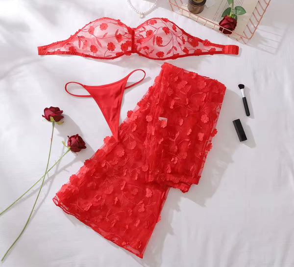 Women Red Sexy Strapless Floral Mesh Three Piece Lingerie Set