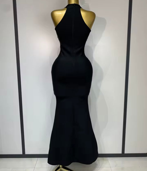 Women Sleeveless Rhinestone Patchwork Black Maxi Dress