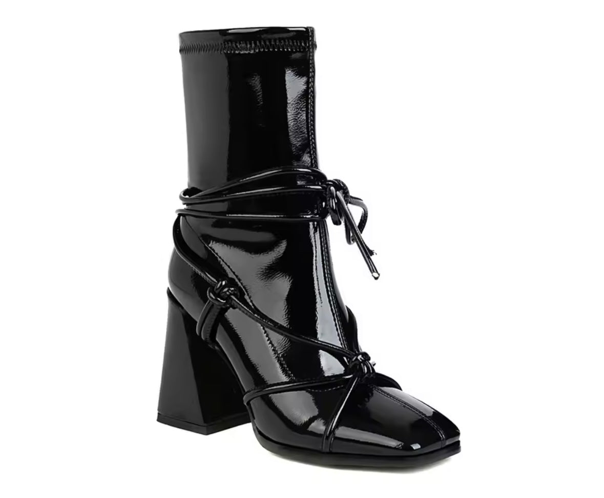 Women Fashion Color Patent Leather Lace Up Ankle Boots