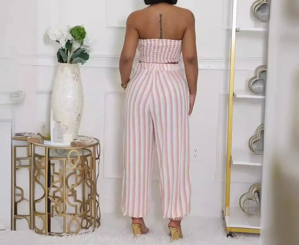 Women Sexy Strapless Striped Crop Two Piece Pant Set