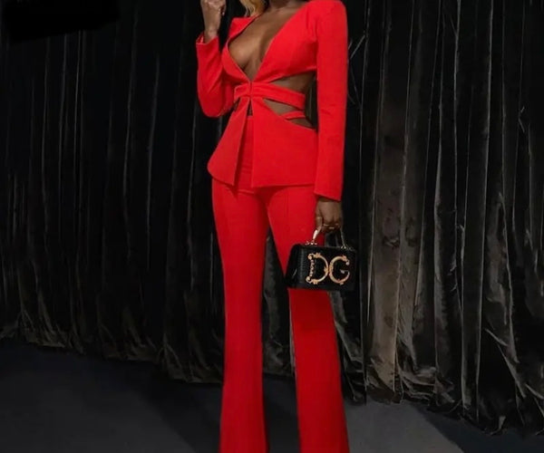 Women Red Sexy Full Sleeve Blazer Two Piece Pant Set