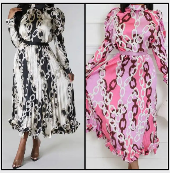 Women Sexy Printed Full Sleeve Maxi Pleated Dress