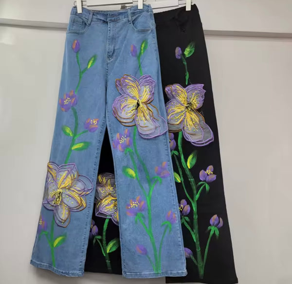 Women Fashion Purple Floral Denim Pants