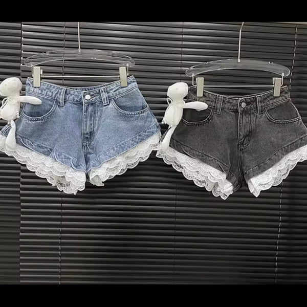 Women Fashion Bow Lace Patchwork Denim Shorts