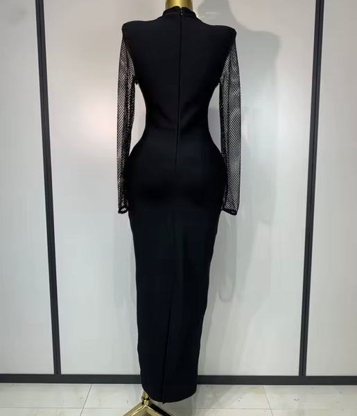 Women Sexy Mesh Full Sleeve Rhinestone Black Maxi Dress