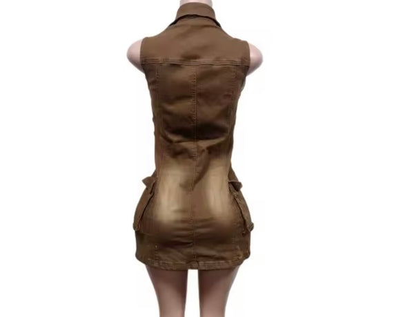 Women Khaki Denim Button Up Sleeveless Pocket Dress