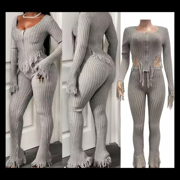 Women Gray Ribbed Fringe Full Sleeve Fashion Two Piece Pant Set