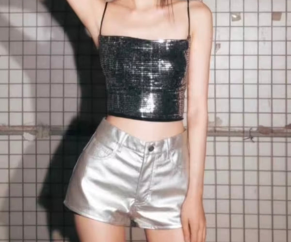 Women Silver Fashion Faux Leather Shorts