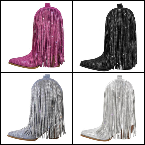 Women Fashion Bling Tassel Western Boots