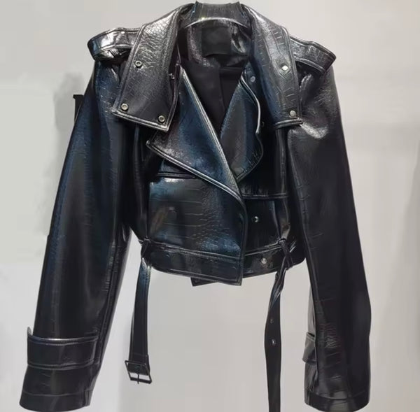 Women Sexy Fashion Black Faux Leather Jacket Two Piece Skirt Set