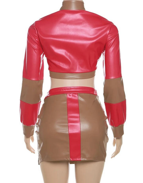 Women Sexy Faux Leather Color Patchwork Zip Up Crop Jacket Two Piece Skirt Set