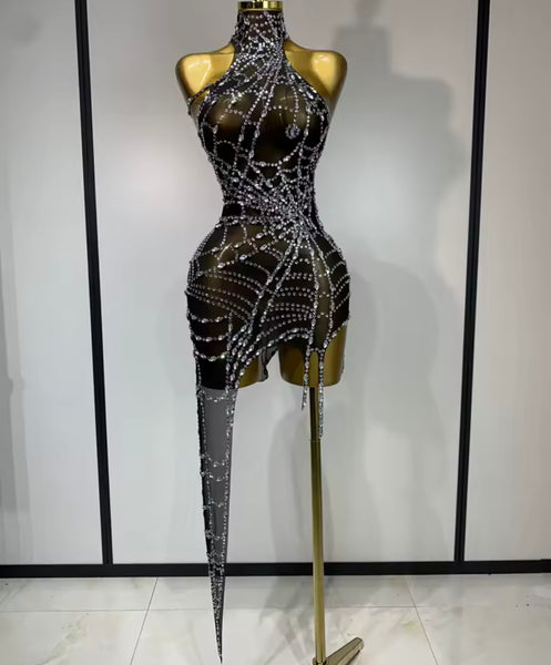 Women Sleeveless Asymmetrical Rhinestone Mesh Dress