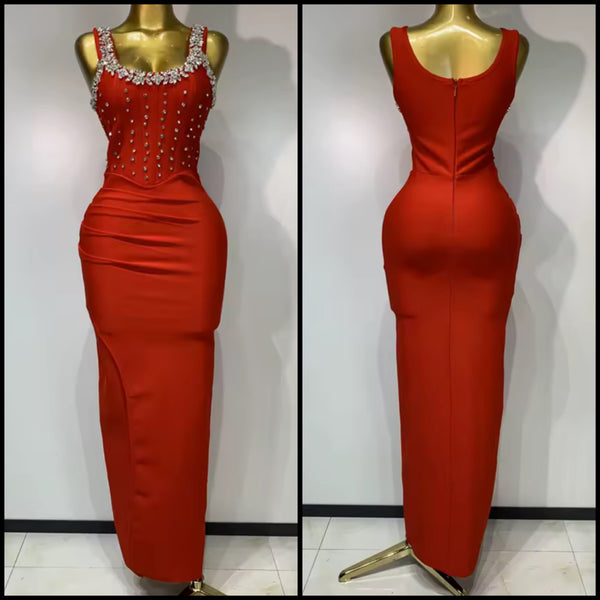 Women Red Rhinestone Sexy Sleeveless Maxi Dress