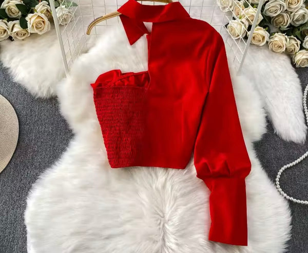 Women Button Up Fashion Floral One Shoulder Full Sleeve Top