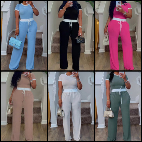 Women Fashion Short Sleeve Color Patchwork Two Piece Pant Set