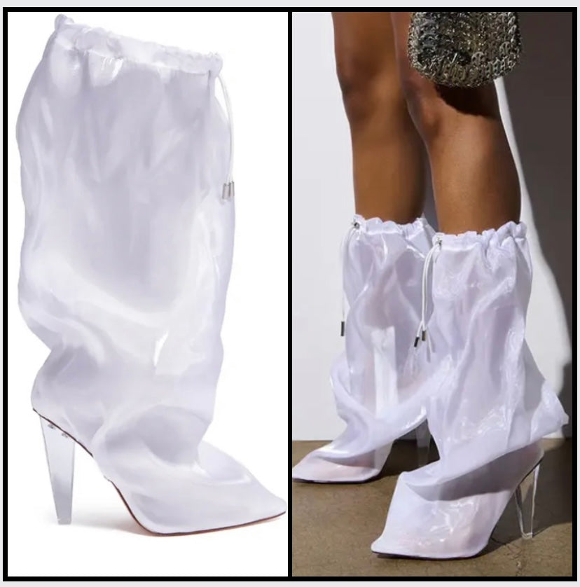 Women White Drawstring Clear High Heel Fashion Boots