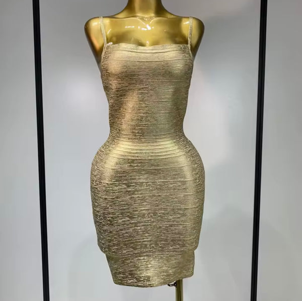 Women Sexy Sleeveless Metallic Bandage Dress