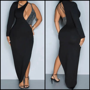 Women Sexy Bling Patchwork One Shoulder Black Maxi Dress