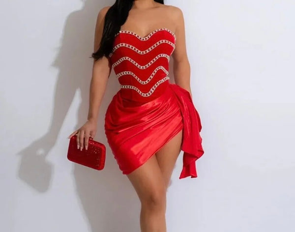 Women Sexy Strapless Bling Rhinestone Ruched Dress