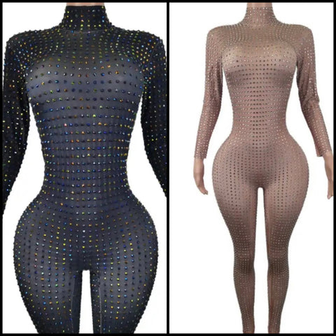 Women Sexy Fashion Full Sleeve Bling Rhinestone Jumpsuit