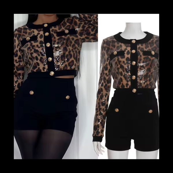 Women Sequins Leopard Print Button Up Two Piece Short Set