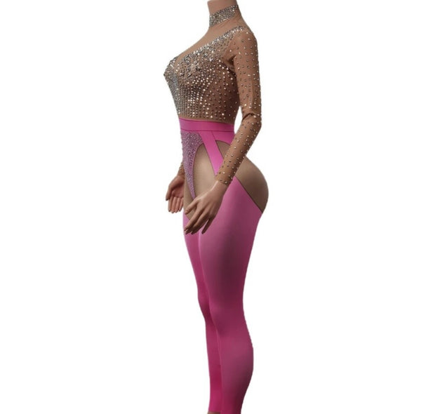 Women Sexy Pink Bling Mesh Full Sleeve Jumpsuit