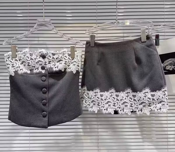 Women Strapless Button Up Lace Patchwork Two Piece Skirt Set