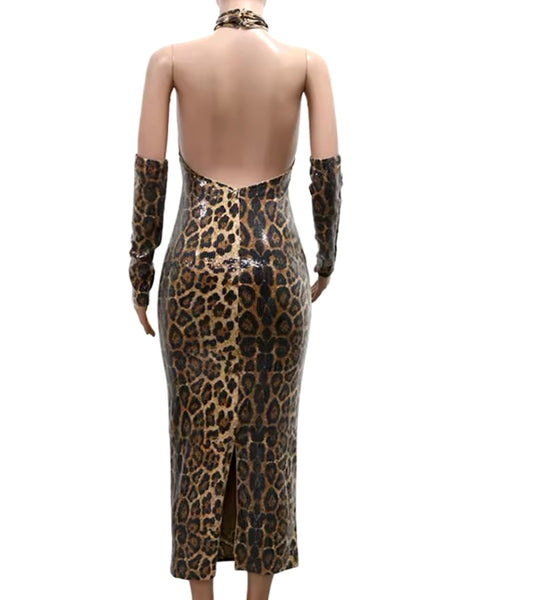 Women Sexy Sequins Leopard Halter Cut Out Glove Dress