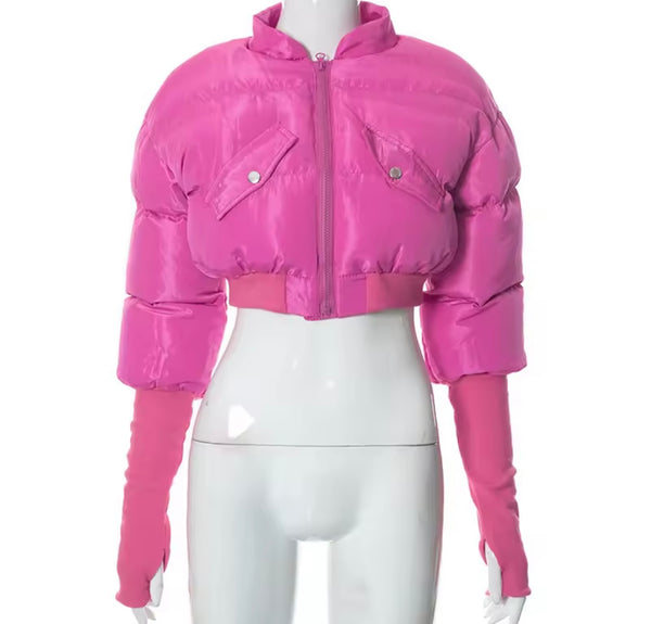 Women Color Fashion Puff Crop Jacket