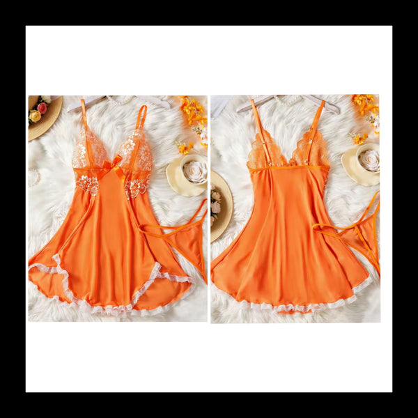 Women Sexy Orange Floral Lace Mesh Nightgown Lingerie Set