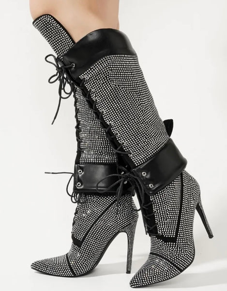 Women Fashion Bling Lace Up Knee High Boots