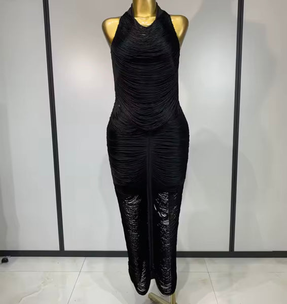 Women Black Sexy Halter Sleeveless Fringe Dress